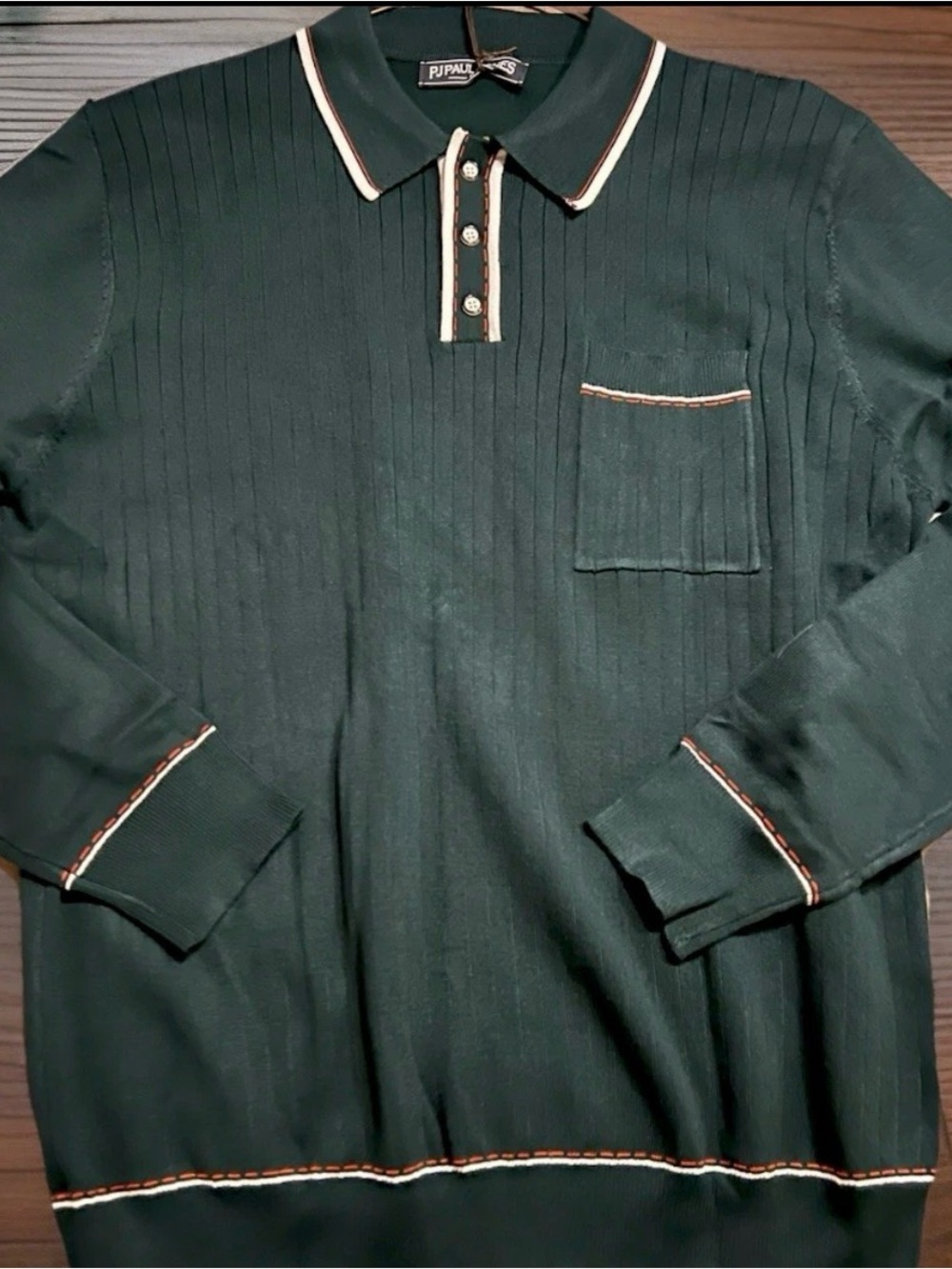 PJ Paul Jones Men's Forest Green Long Sleeve Polo with Contrast Trim Size Medium